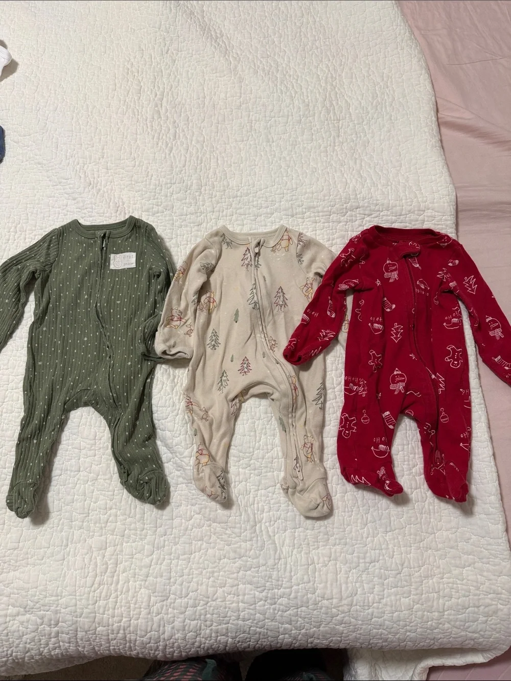 cloud island Three-Pack Footed One-Pieces in Olive, Cream, and Red